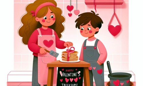 Une illustration destinée aux enfants représentant une fillette aux cheveux bouclés, préparant une chasse au trésor de la Saint-Valentin avec l'aide de son petit frère, dans une maison aux tuiles roses et aux crêpes en forme de cœur.