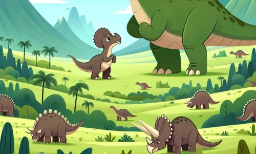 Une illustration destinée aux enfants représentant un jeune diplodocus courageux découvrant un tricératops en détresse dans une vallée luxuriante et verdoyante peuplée de dinosaures majestueux.