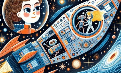 Une illustration destinée aux enfants représentant une jeune femme courageuse et ingénieuse, confrontée à une tempête cosmique à bord d'un vaisseau spatial avec un robot intelligent comme compagnon, voguant à travers les étoiles scintillantes de la Galaxie d'Andromède.