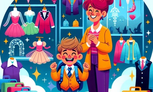 Une illustration destinée aux enfants représentant un garçon plein d'énergie et d'imagination se préparant pour une fête d'Halloween à l'école, avec sa maman souriante à ses côtés, dans un magasin de costumes coloré et rempli d'accessoires étincelants.