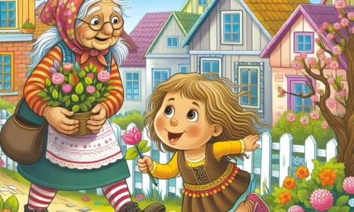 Une illustration destinée aux enfants représentant une fillette pleine d'énergie cherchant un cadeau pour la fête des pères, aidée par sa sage grand-mère dans un petit village tranquille aux maisons colorées et aux jardins fleuris.