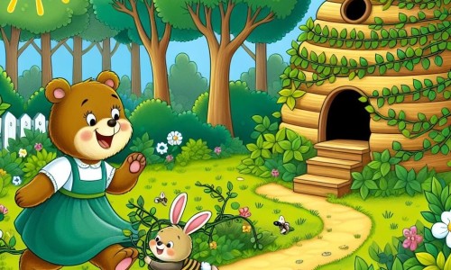 Une illustration destinée aux enfants représentant une ourse joyeuse se rendant à une maison en forme de ruche abandonnée, où elle rencontre un petit lapin garçon tout emmêlé dans une liane, dans une clairière ensoleillée de la forêt verdoyante.