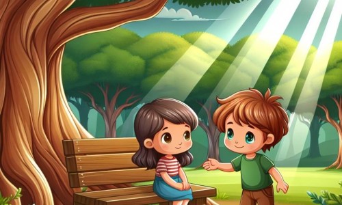 Une illustration destinée aux enfants représentant un garçon aux cheveux bruns et aux yeux pétillants, faisant la rencontre d'une fille timide mais curieuse, sur un banc en bois sous un arbre majestueux, dans un parc verdoyant baigné de douce lumière de fin d'après-midi.