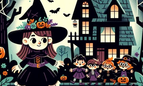Une illustration destinée aux enfants représentant une jeune fille déguisée en sorcière, bravant sa peur devant une maison hantée, accompagnée de sa bande d'amis, dans une rue décorée de citrouilles et de toiles d'araignée.
