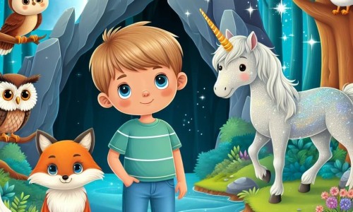 Une illustration destinée aux enfants représentant un jeune garçon curieux se tenant devant une grotte magique, accompagné d'une renarde malicieuse, d'un hibou sage et d'une licorne étincelante, dans une forêt enchantée aux arbres majestueux et aux rivières étincelantes.