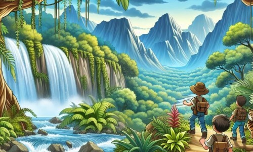 Une illustration destinée aux enfants représentant un jeune garçon intrépide partant à la découverte d'une plante rare avec ses amis dans une forêt dense et mystérieuse, où des cascades rugissantes et des arbres majestueux les guident vers l'aventure.