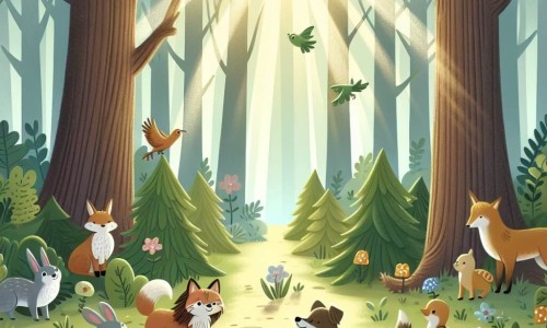 Une illustration destinée aux enfants représentant un chien courageux, entouré d'animaux de la forêt, dans une clairière enchantée où le soleil filtre à travers les feuilles des arbres majestueux.
