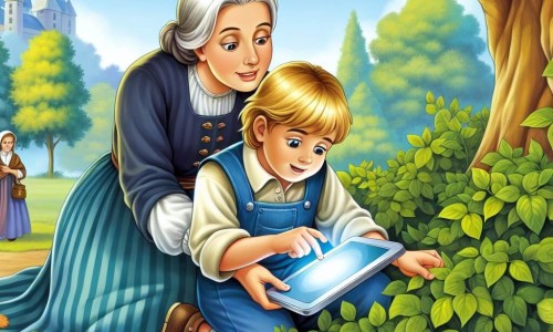 Une illustration destinée aux enfants représentant un petit garçon curieux découvrant une tablette électronique brillante sous un buisson, accompagné de sa mère, une femme aimante et préoccupée, dans un parc verdoyant aux arbres majestueux et au sol recouvert de fleurs colorées.