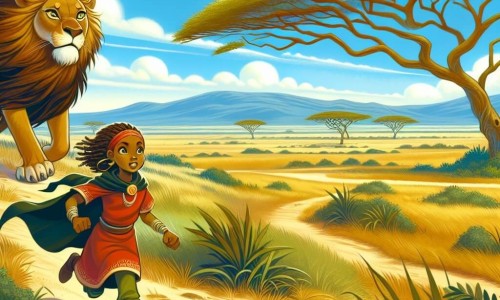 Une illustration destinée aux enfants représentant une courageuse jeune femme, une quête périlleuse pour sauver un arbre sacré, un lion sage aux yeux pétillants de sagesse, dans les vastes plaines de savane du Kenya, où le ciel bleu s'étend à perte de vue et les acacias dansent au rythme du vent chaud.