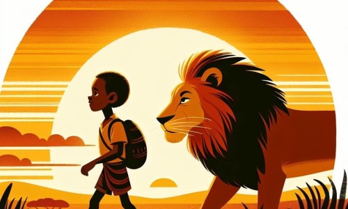 Une illustration destinée aux enfants représentant un jeune homme curieux et courageux, accompagné d'un Lion Sage majestueux, dans la savane africaine baignée par la lumière dorée du soleil couchant.