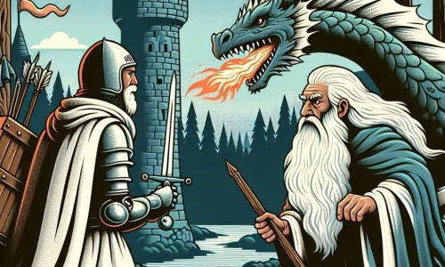 Une illustration destinée aux enfants représentant une chevalière intrépide affrontant un dragon cracheur de feu aux abords d'une forêt dense et sombre, accompagnée d'un vieux sage sorcier barbu, dans un royaume lointain aux tours de pierre ornées de bannières colorées.