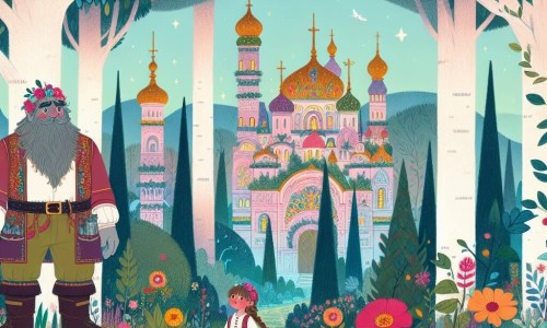 Une illustration destinée aux enfants représentant un géant bienveillant, une petite fille courageuse, et un royaume enchanté avec des arbres gigantesques et des fleurs aux couleurs éclatantes.