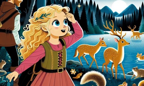 Une illustration destinée aux enfants représentant une fillette aux boucles blondes en train de découvrir une forêt enchantée en compagnie de sa famille, entourée d'écureuils espiègles et de cerfs majestueux, au bord d'un lac scintillant où les étoiles brillent dans le ciel sombre.