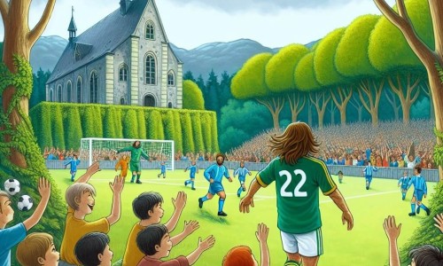 Une illustration destinée aux enfants représentant un jeune homme passionné de football, qui rencontre son idole lors d'un match palpitant dans un parc verdoyant de la petite ville de Clairville, entouré de grands arbres majestueux et de supporters enthousiastes.