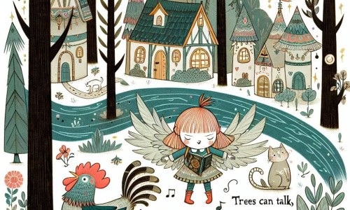 Une illustration destinée aux enfants représentant une fillette curieuse se promenant dans une forêt enchantée accompagnée d'un drôle de gnourf à ailes de poulet, au cœur du village de Félurine où les chats parlent, les arbres chantent et les rivières dansent.