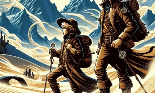 Une illustration destinée aux enfants représentant un explorateur courageux, accompagné d'un sage mentor, affrontant les tempêtes de sable dans un désert mystérieux entouré de montagnes majestueuses.