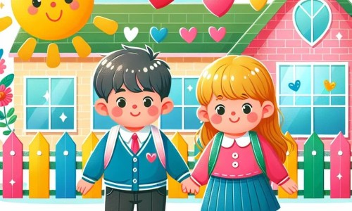 Une illustration destinée aux enfants représentant un petit garçon, une fille, une école colorée aux murs décorés de cœurs et de guirlandes, le tout illuminé par un soleil radieux.
