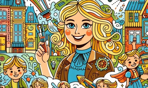 Une illustration destinée aux enfants représentant une femme brillante et créative, entourée de machines volantes et d'enfants souriants, dans un village coloré et animé, où l'imagination prend son envol.