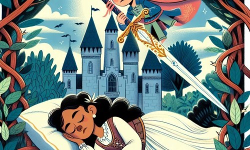 Une illustration destinée aux enfants représentant une jeune fille endormie sous l'ombre d'une épée brillante, accompagnée d'un courageux garçon aux cheveux ébouriffés, dans un château majestueux entouré de ronces épineuses et de jardins fleuris.