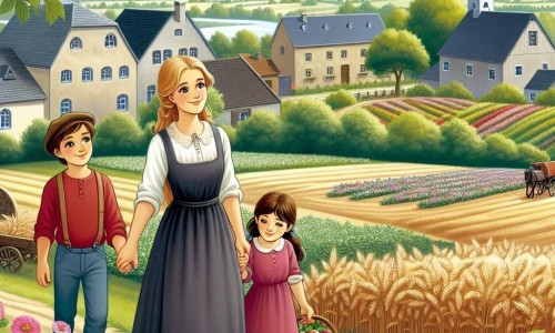 Une illustration destinée aux enfants représentant une femme agricultrice passionnée, accompagnée d'une fille et d'un garçon, travaillant ensemble dans une ferme verdoyante de Champfleur remplie de champs de blé, de vergers de pommes et de jardins fleuris.