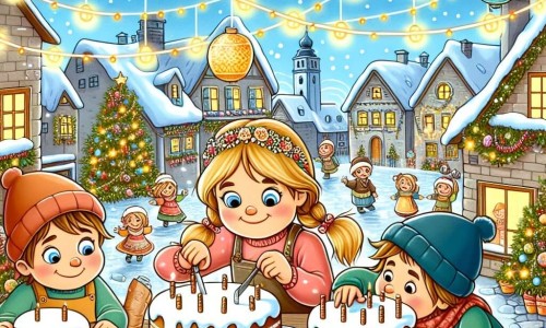 Une illustration destinée aux enfants représentant une fillette espiègle préparant des gâteaux pour la fête du nouvel an, accompagnée de ses amis, sur une place du village illuminée de guirlandes scintillantes et de ballons colorés.