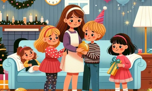 Une illustration destinée aux enfants représentant une fillette préparant la fête du Nouvel An avec sa famille, accompagnée de ses cousins et cousines, dans un salon décoré de guirlandes scintillantes et de ballons colorés.