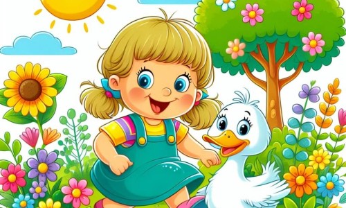 Une illustration destinée aux enfants représentant une petite fille espiègle en train de jouer avec son meilleur ami, un canard rigolo, dans un jardin ensoleillé rempli de fleurs colorées et d'herbe verte.