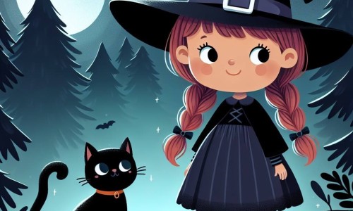 Une illustration destinée aux enfants représentant une fillette déguisée en sorcière, accompagnée d'un chat noir mystérieux, se tenant à la lisière d'une forêt sombre et brumeuse lors de la nuit d'Halloween.