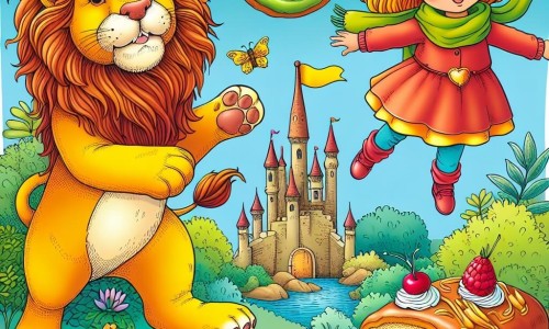 Une illustration destinée aux enfants représentant une fillette intrépide, un lion en peluche, une pâtisserie aux couleurs vives et un jardin mystérieux où se cachent des trésors imaginaires.