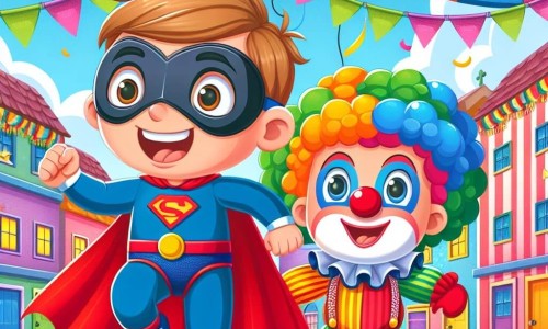 Une illustration destinée aux enfants représentant un petit garçon déguisé en super-héros, vivant une aventure joyeuse lors du carnaval, accompagné d'un clown farceur, dans le village coloré de Pommeville orné de guirlandes et de ballons multicolores.