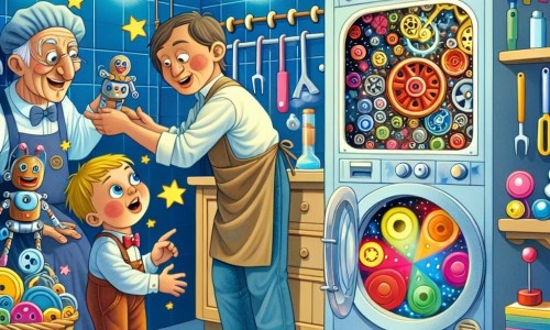 Une illustration destinée aux enfants représentant un petit garçon ingénieux dévoilant une machine magique à son papa émerveillé, accompagnés d'une marionnette faite à la main, dans une buanderie remplie de boutons colorés et de leviers futuristes.