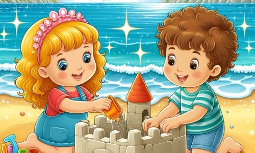 Une illustration destinée aux enfants représentant une fillette joyeuse construisant un château de sable avec son nouvel ami, un garçon aux cheveux bouclés, sur une plage ensoleillée bordée par l'océan scintillant.