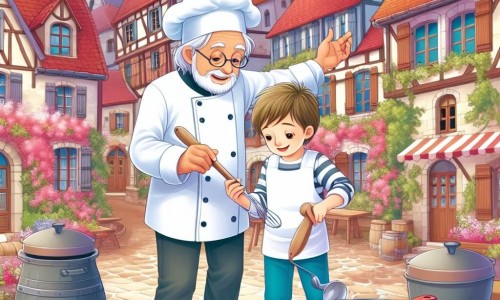 Une illustration destinée aux enfants représentant un petit garçon passionné de cuisine, aidé par un célèbre chef étoilé, dans un charmant village français aux maisons aux toits de tuiles rouges et aux jardins fleuris.