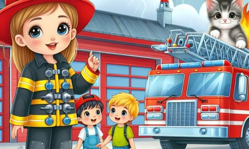 Une illustration destinée aux enfants représentant une courageuse femme pompier, deux garçons passionnés par son métier, une caserne rouge vif entourée de camions de pompiers brillants, et un chaton perché en haut d'un arbre miaulant à l'aide.