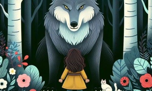 Une illustration destinée aux enfants représentant une courageuse petite fille faisant face à un grand méchant loup menaçant dans une sombre forêt aux arbres touffus et aux fleurs colorées, avec en second plan un chat en peluche rassurant.