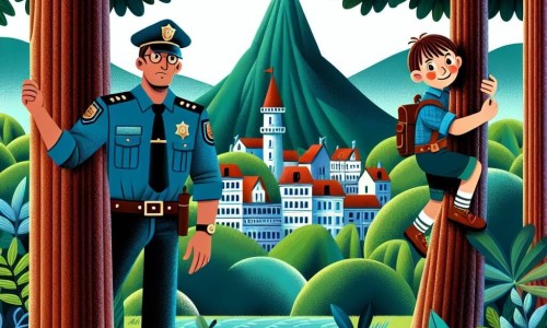 Une illustration destinée aux enfants représentant un homme policier courageux, un garçon aventureux, un parc verdoyant avec des arbres majestueux et un arbre où le garçon est coincé, dans la charmante ville de Montlune.
