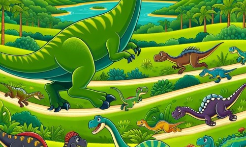 Une illustration destinée aux enfants représentant un majestueux dinosaure au long cou, se lançant dans une course palpitante aux côtés d'autres créatures préhistoriques, dans la vallée verdoyante et luxuriante de la Terre des Dinosaures.