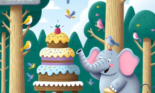 Une illustration destinée aux enfants représentant un éléphant joyeux et maladroit, accompagné d'une souris astucieuse, préparant des gâteaux colorés dans une forêt enchantée de Rigolbois, où les arbres sont si grands que les oiseaux y font des nids douillets.