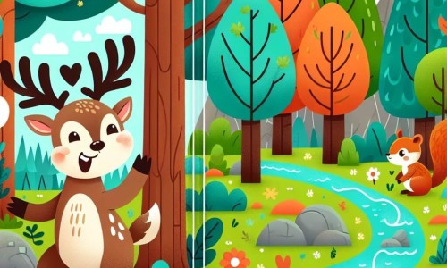 Une illustration destinée aux enfants représentant un jeune renne courageux, un écureuil affamé, dans une forêt enchantée aux arbres majestueux, ruisseaux chantants et clairières colorées.