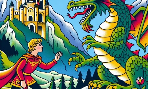 Une illustration destinée aux enfants représentant un prince courageux affrontant un dragon pour sauver une princesse captive, dans un château en ruines perché au sommet d'une montagne escarpée.