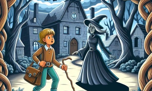 Une illustration destinée aux enfants représentant une jeune femme courageuse explorant un manoir mystérieux avec l'aide d'une sorcière bienveillante, dans un village reculé entouré d'une forêt dense aux arbres noueux et aux ombres dansantes.