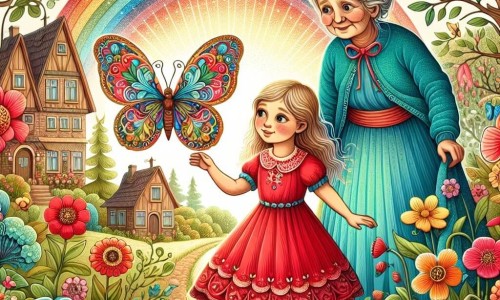 Une illustration destinée aux enfants représentant une petite fille à la robe rouge découvrant un papillon magique dans un jardin enchanté, accompagnée de sa grand-mère aux cheveux argentés, entourées de fleurs multicolores et d'un arc-en-ciel lumineux, dans un petit village au cœur de la campagne.