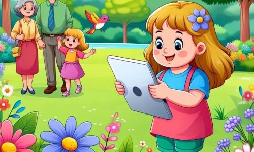 Une illustration destinée aux enfants représentant une jeune fille captivée par son écran, découvrant la beauté de la nature en compagnie de sa famille dans un parc verdoyant parsemé de fleurs colorées et d'oiseaux chantants.