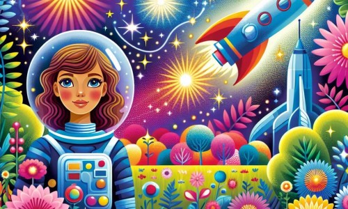 Une illustration destinée aux enfants représentant une femme astronaute, émerveillée par les étoiles, accompagnée d'un vaisseau spatial scintillant, dans un jardin enchanté avec des fleurs colorées et un ciel rempli d'étoiles brillantes.