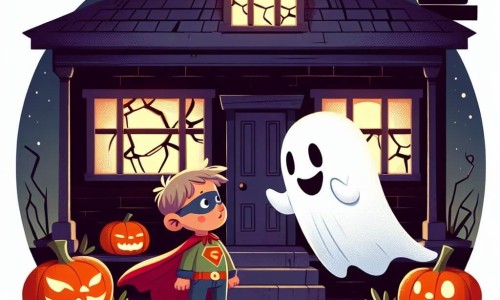 Une illustration destinée aux enfants représentant un garçon déguisé en super-héros, faisant face à un fantôme bienveillant, dans une maison hantée aux murs craquelés et aux fenêtres illuminées par la lueur des citrouilles.