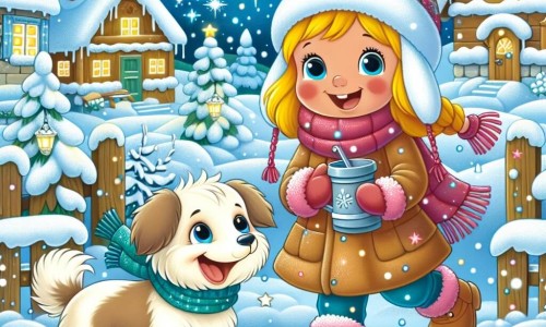 Une illustration destinée aux enfants représentant une fille joyeuse vivant un hiver magique, accompagnée de son chien fidèle, dans un petit village recouvert d'un manteau blanc scintillant de neige.