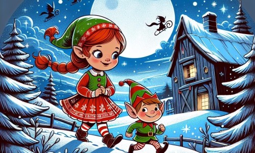Une illustration destinée aux enfants représentant une petite fille pleine de courage et d'imagination se lançant dans une aventure magique de Noël aux côtés d'un lutin triste, à l'ancienne grange illuminée par la lune et entourée de sapins enneigés scintillants.