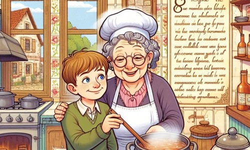 Une illustration destinée aux enfants représentant un jeune garçon passionné de cuisine, accompagné de sa grand-mère bienveillante, évoluant dans une chaleureuse cuisine familiale aux murs ornés de recettes anciennes et aux arômes enivrants, dans la petite ville de Campagneville.