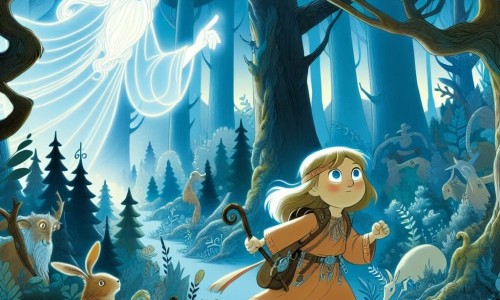 Une illustration destinée aux enfants représentant une petite fille courageuse voyageant à travers le temps avec l'aide d'un mystérieux Gardien lumineux, à travers une forêt dense aux arbres immenses et aux animaux étranges.