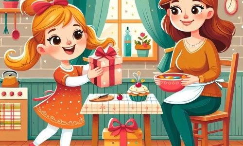 Une illustration destinée aux enfants représentant une fille pleine d'énergie et d'imagination préparant un cadeau pour sa maman chérie, accompagnée d'une maman aimante, dans une petite cuisine chaleureuse et colorée.